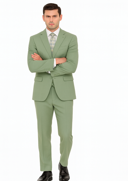 Mens Modern Fit Two Button Vested Sharkskin Green Business Suit