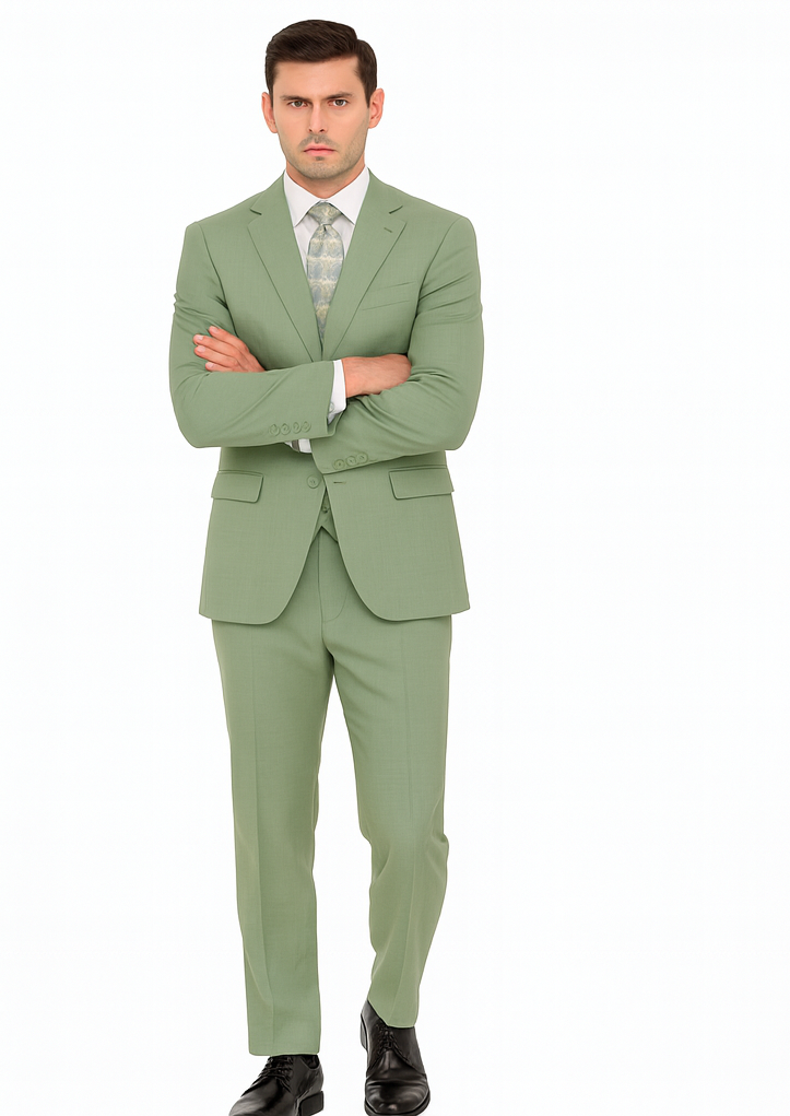 Mens Modern Fit Two Button Vested Sharkskin Green Business Suit