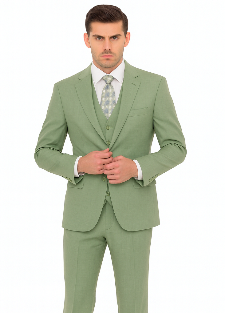 Mens Modern Fit Two Button Vested Sharkskin Green Business Suit
