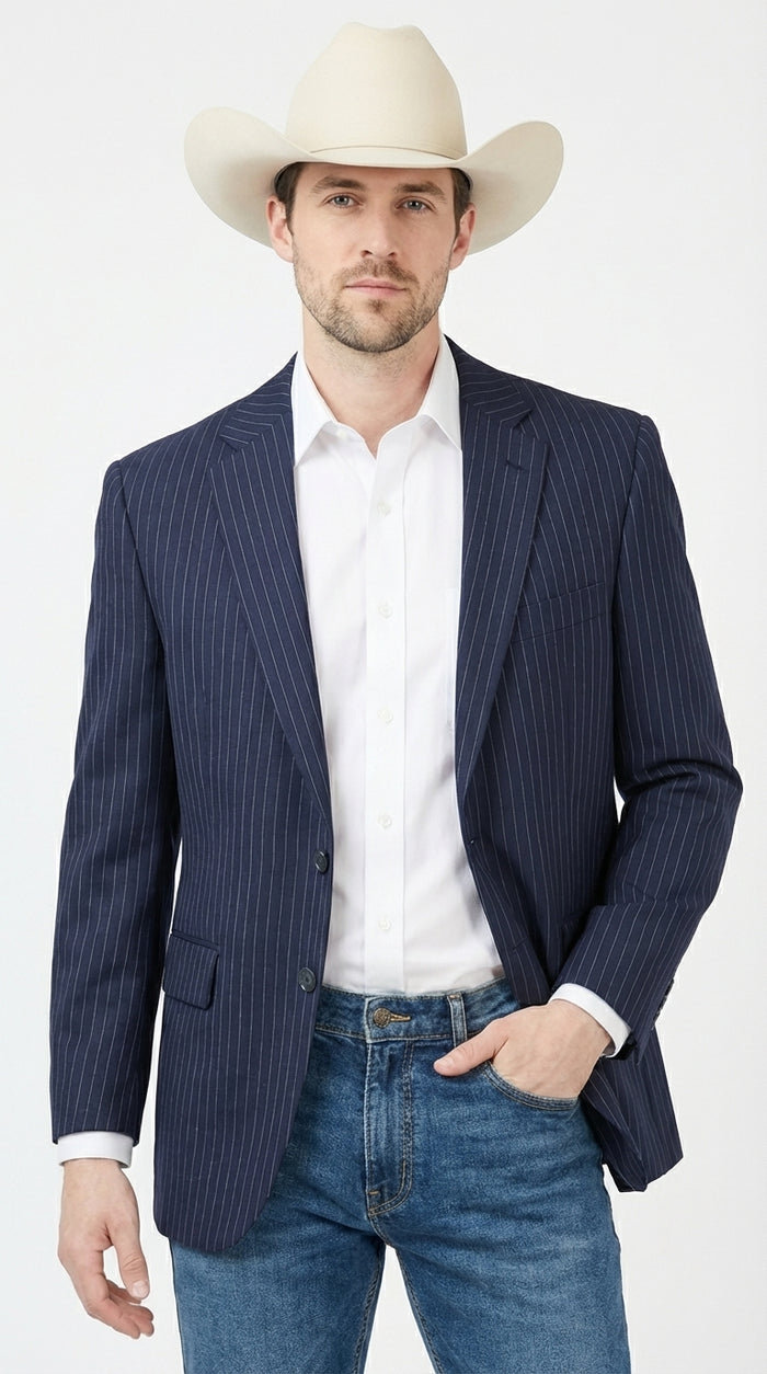 Men's Navy Blue Pinstripe Western Blazer – Classic Cowboy Style Jacket Business, Formal And Smart Casual Wear 34 Short