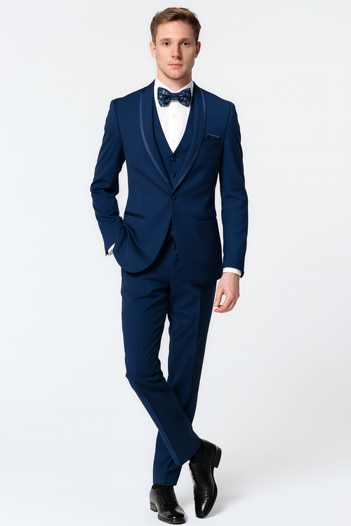 Men’s Navy Blue with Blue Trim Three-Piece Tuxedo with Satin Shawl Lapel and Bow Tie Wedding Suit by USA Men's Outlet