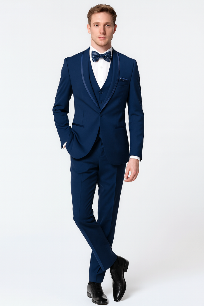 Men’s Navy Blue with Blue Trim Three-Piece Tuxedo with Satin Shawl Lapel and Bow Tie Wedding Suit by USA Men's Outlet