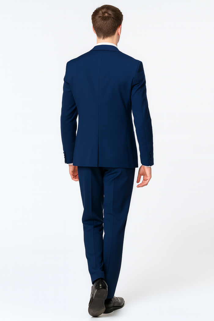 Men’s Navy Blue with Blue Trim Three-Piece Tuxedo with Satin Shawl Lapel and Bow Tie Wedding Suit by USA Men's Outlet