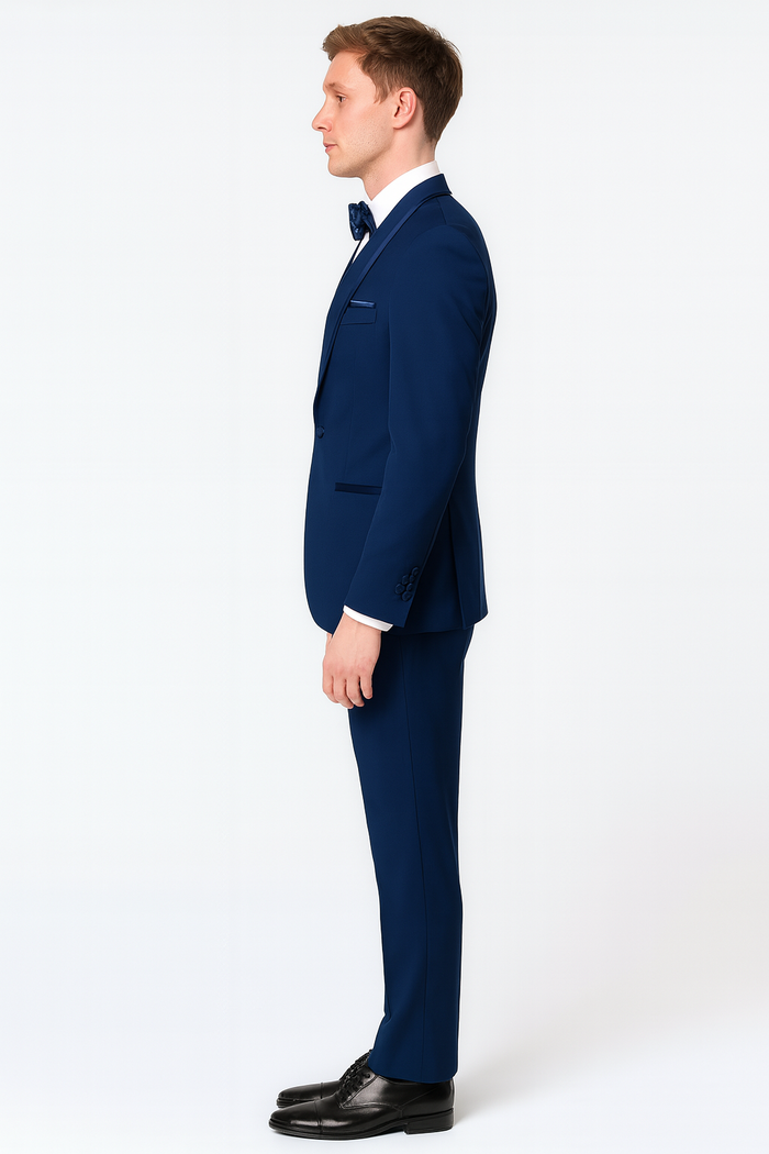 Men’s Navy Blue with Blue Trim Three-Piece Tuxedo with Satin Shawl Lapel and Bow Tie Wedding Suit by USA Men's Outlet