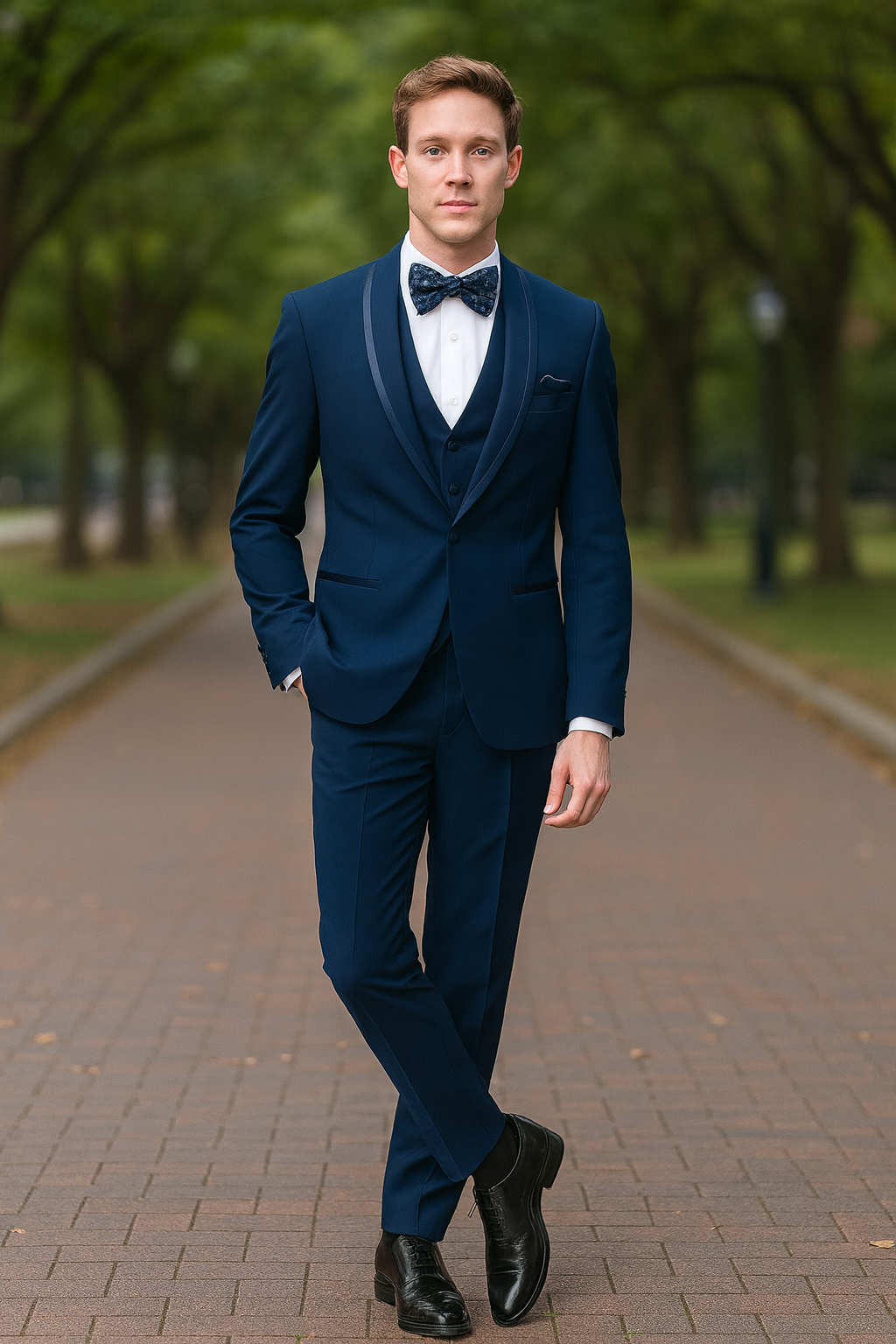 Men’s Navy Blue with Blue Trim Three-Piece Tuxedo with Satin Shawl Lapel and Bow Tie Wedding Suit by USA Men's Outlet