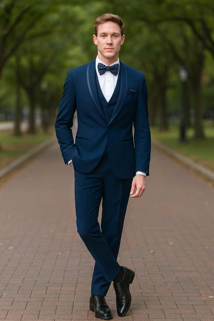 Men’s Navy Blue with Blue Trim Three-Piece Tuxedo with Satin Shawl Lapel and Bow Tie Wedding Suit by USA Men's Outlet