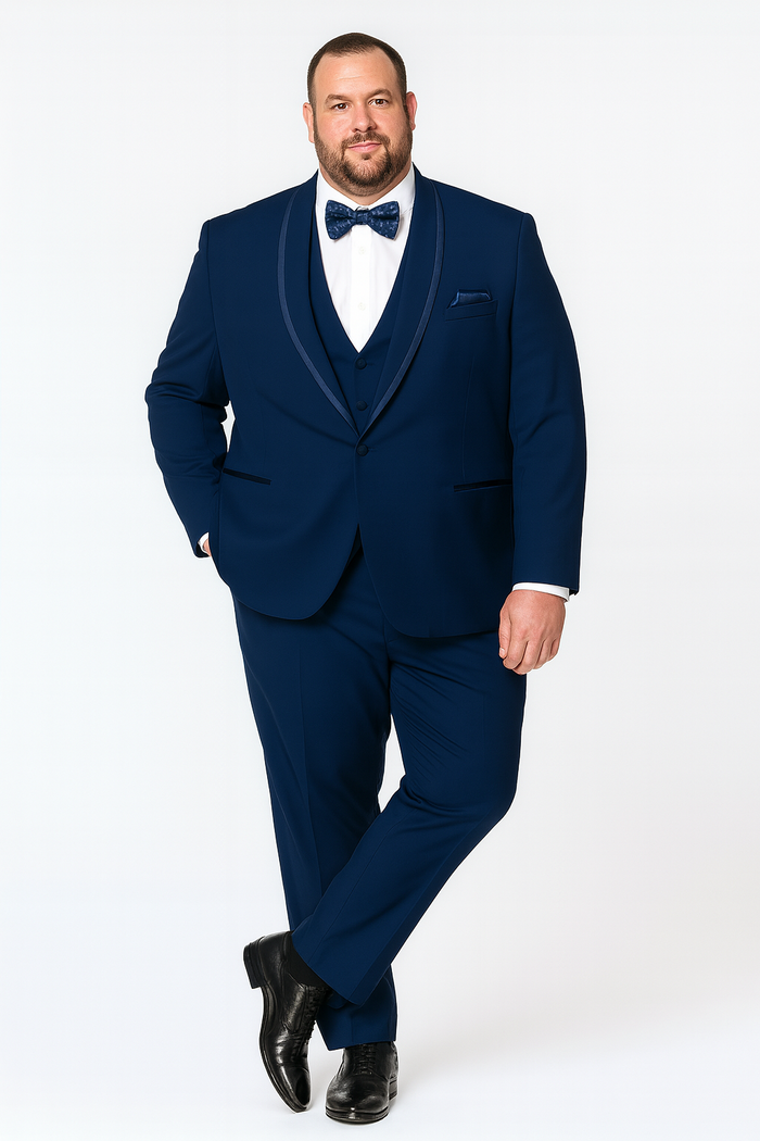 Men’s Navy Blue with Blue Trim Three-Piece Tuxedo with Satin Shawl Lapel and Bow Tie Wedding Suit by USA Men's Outlet