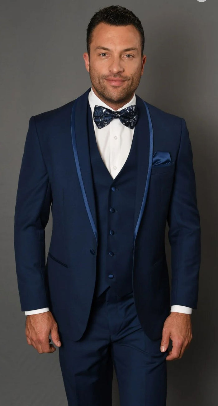 Men’s Navy Blue with Blue Trim Three-Piece Tuxedo with Satin Shawl Lapel and Bow Tie Wedding Suit by USA Men's Outlet