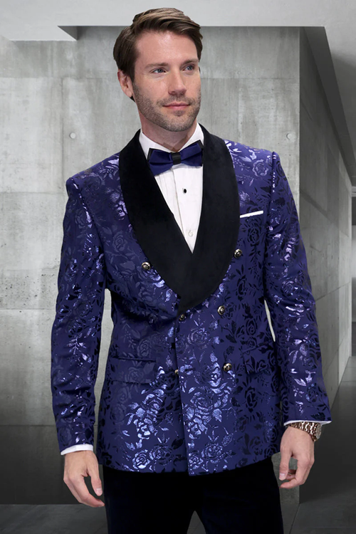 Men’s Navy Floral Jacquard Tuxedo Jacket - Double Breasted Blazer with Black Shawl Lapel by USA Men's Outlet
