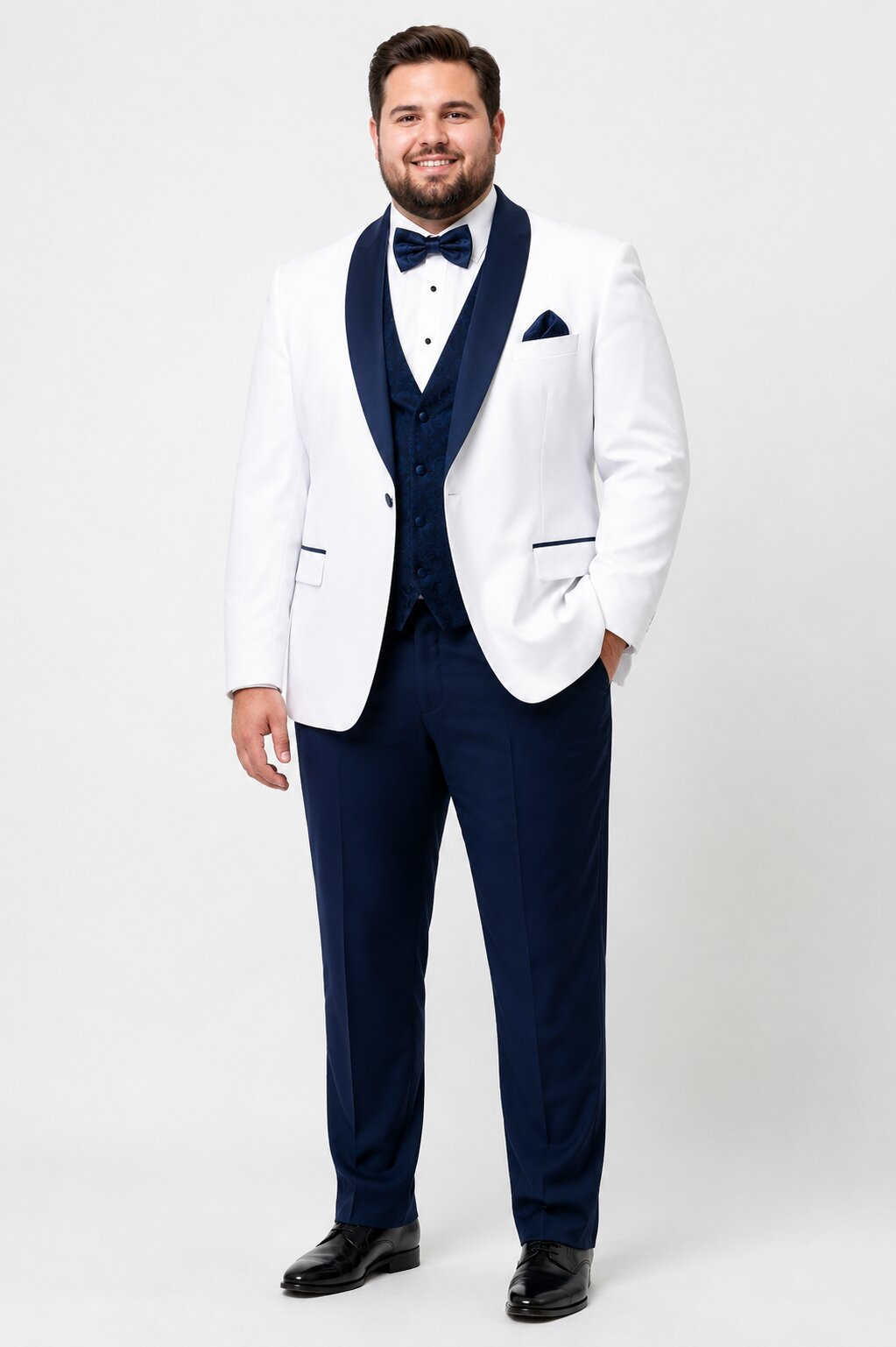 White and Navy Blue Tuxedo Wedding Suit - White Dinner Jacket + Vest + Pants + Bow-tie by USA Men's Outlet