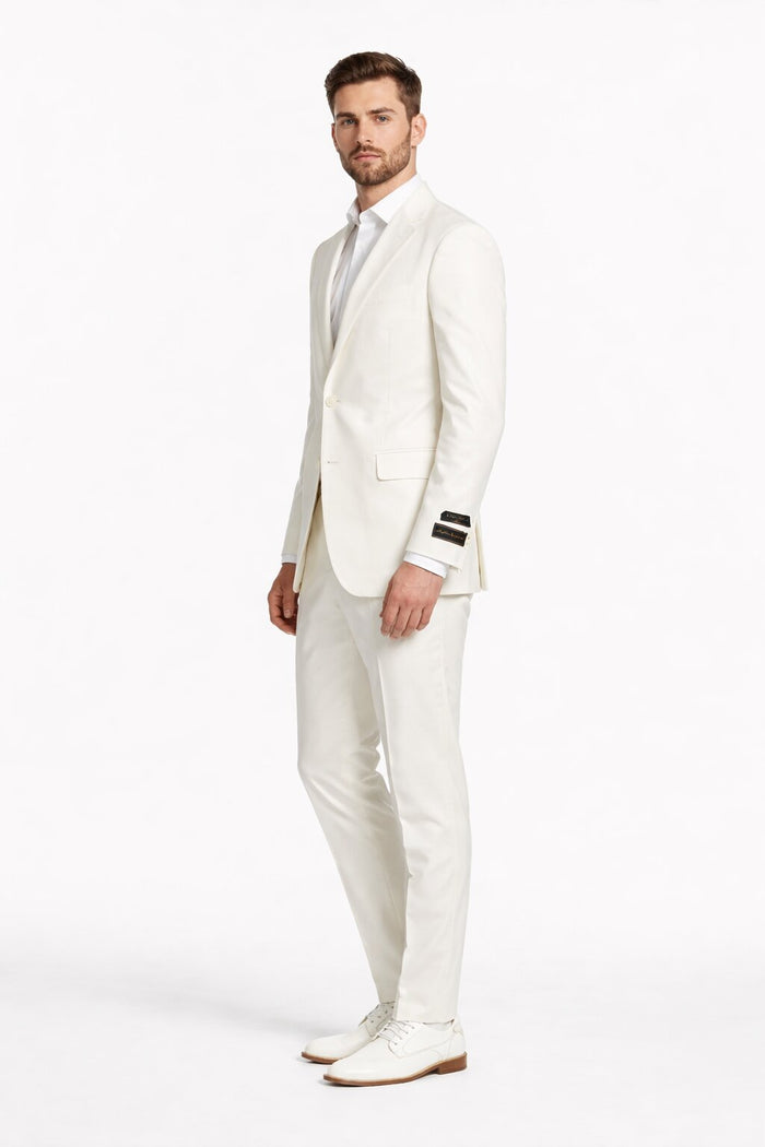 Tiglio Italian Suit - Real Wool Fabric Super 150's Novello Off-White, Modern Fit Suit in Color Off-White