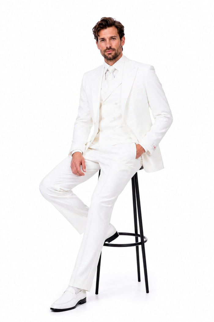 Tiglio Italian Suit - Real Wool Fabric Super 150's San Giovesse off White, Wide Leg Suit & Vest super 150 wool in Color Off White