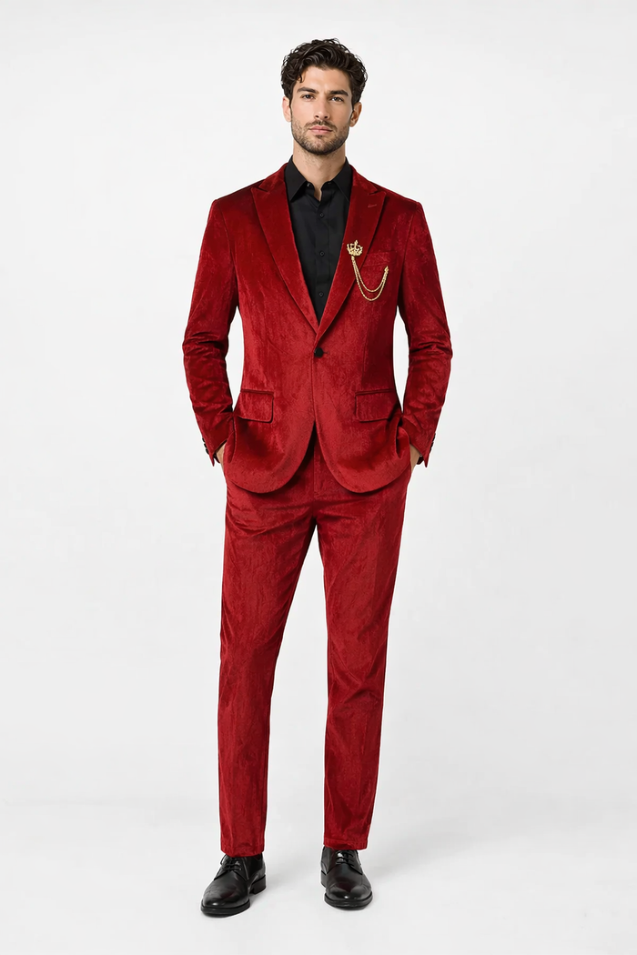 Mens One Button Slim Fit Peak Label Suit Red by USA Men's Outlet