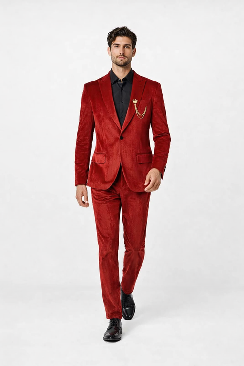 Mens One Button Slim Fit Peak Label Suit Red by USA Men's Outlet