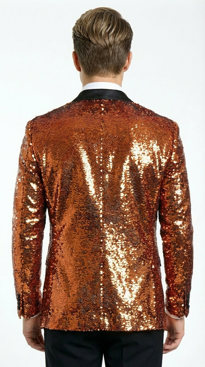 Mens Orange Sequin Blazer Tuxedo Dinner Jacket – Shiny Party Dinner Jacket with Black Lapel for Wedding, Prom, Stage Kingsman Jacket