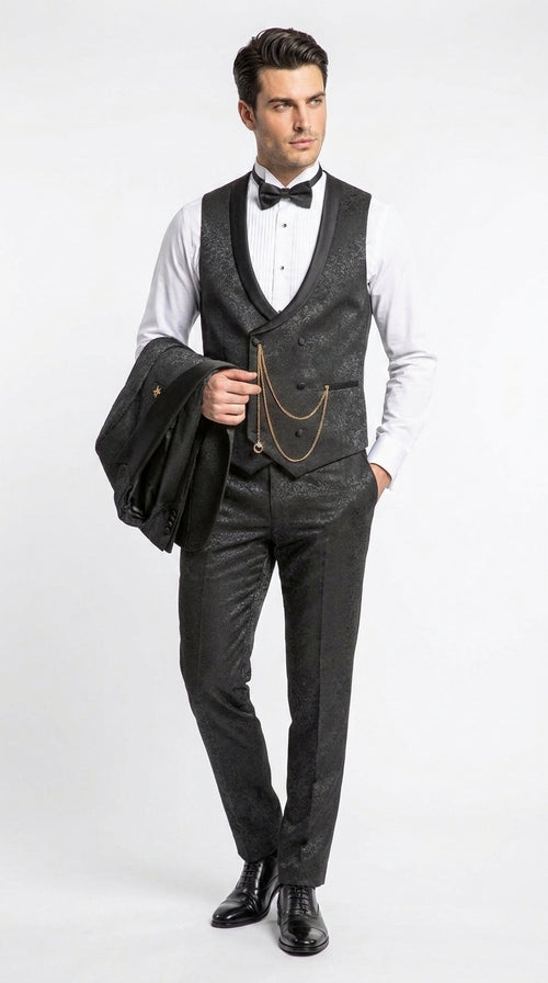 Mens Paisley Black Prom Tuxedo – 3-Piece Wedding Suit with Satin Peak Lapel & Double-Breasted Vest