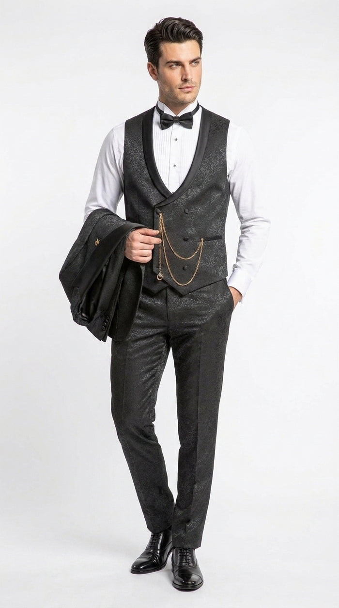 Mens Paisley Black Prom Tuxedo – 3-Piece Wedding Suit with Satin Peak Lapel & Double-Breasted Vest