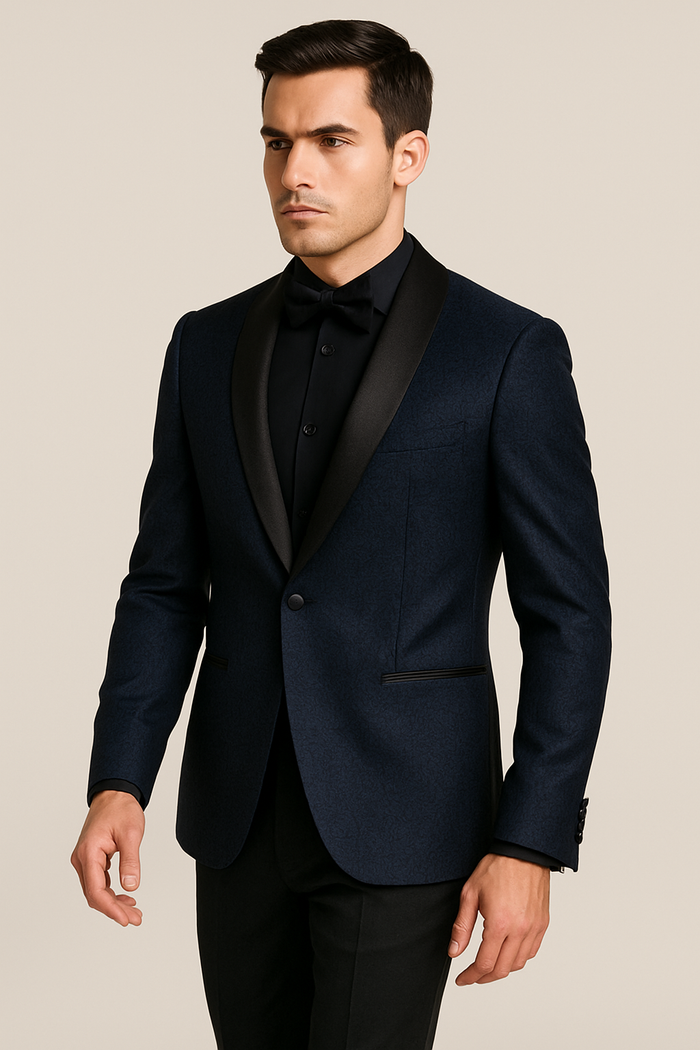 Mens Slim Fit Paisley Shawl Lapel Prom Dinner Jacket Tuxedo Blazer in Navy Blue by menstuxedousain