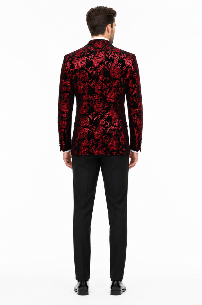 Unique Prom Suits - Interesting Fun - Men's Modern Fit Velvet Floral Paisley Foil Red and Black Tuxedo Jacket
