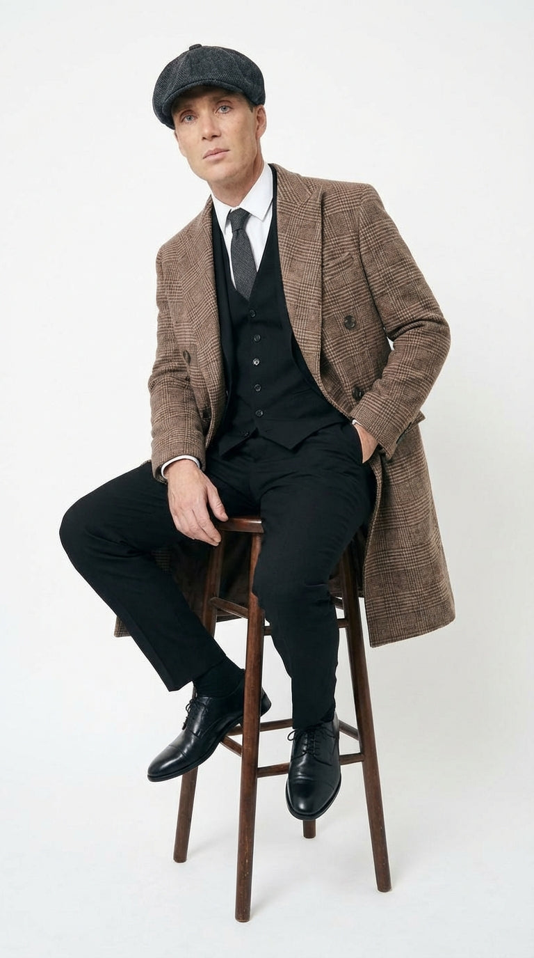 Mens Peaky Blinders Gray Plaid Double Breasted Overcoat + Suit  Peaky Blinders Vintage Wool Blend Coat 1920's