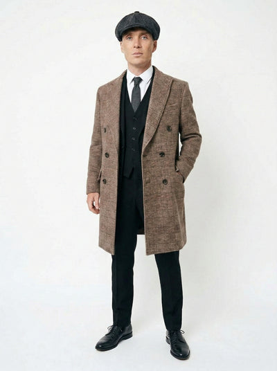 Mens Peaky Blinders Gray Plaid Double Breasted Overcoat + Suit  Peaky Blinders Vintage Wool Blend Coat 1920's