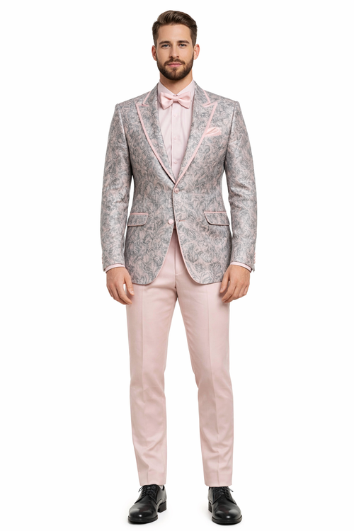 Mens Pink and Grey Floral Tuxedo with Satin Trim - Prom and Wedding Su Mens Pink and Grey Floral Tuxedo with Satin Trim - Prom and Wedding Su