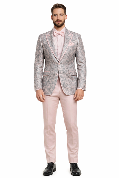 Mens Pink and Grey Floral Tuxedo with Satin Trim – Prom and Wedding Suit with Bow Tie and Flower Pin