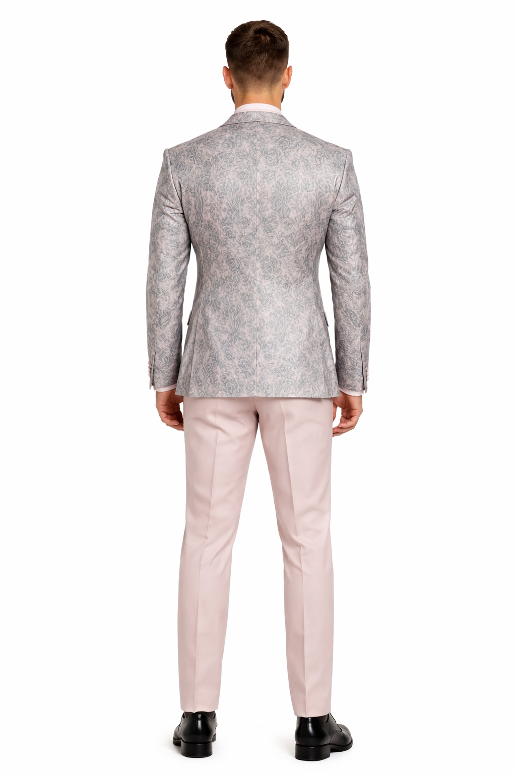 Mens Pink and Grey Floral Tuxedo with Satin Trim – Prom and Wedding Suit with Bow Tie and Flower Pin