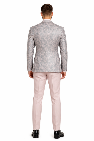 Mens Pink and Grey Floral Tuxedo with Satin Trim – Prom and Wedding Suit with Bow Tie and Flower Pin