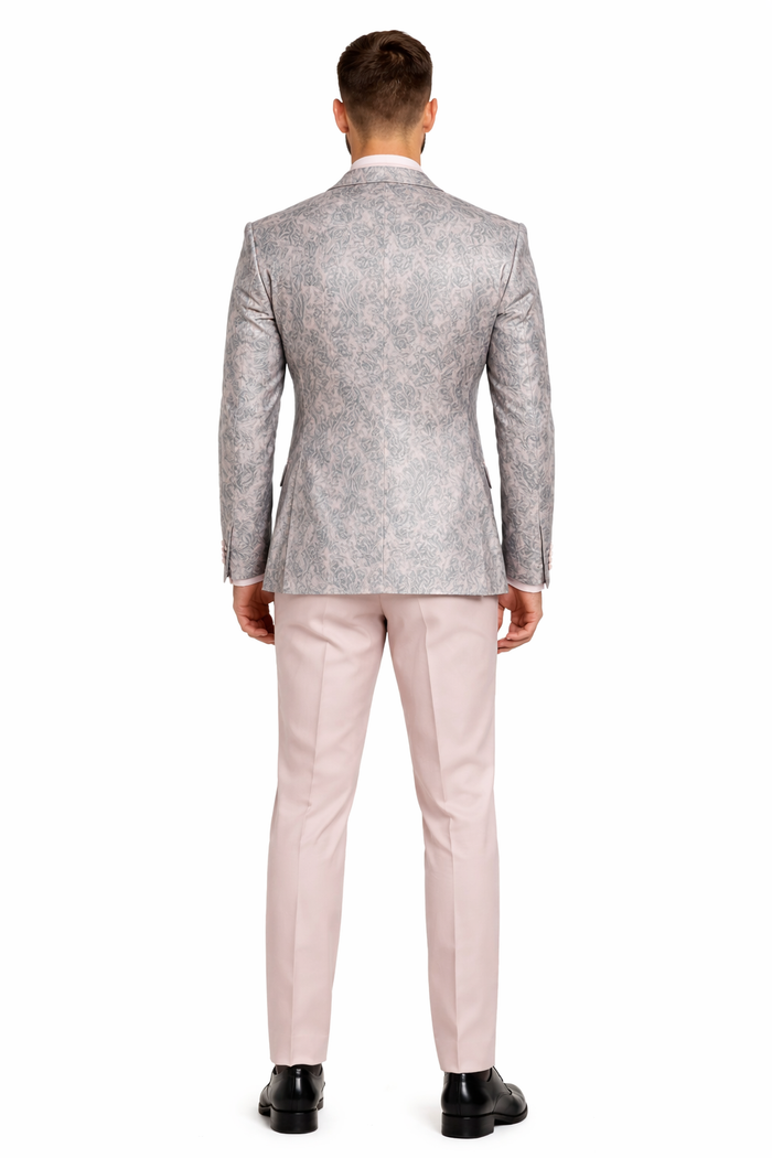Mens Pink and Grey Floral Tuxedo with Satin Trim - Prom and Wedding Suit with Bow Tie and Flower Pin USA Men's Outlet