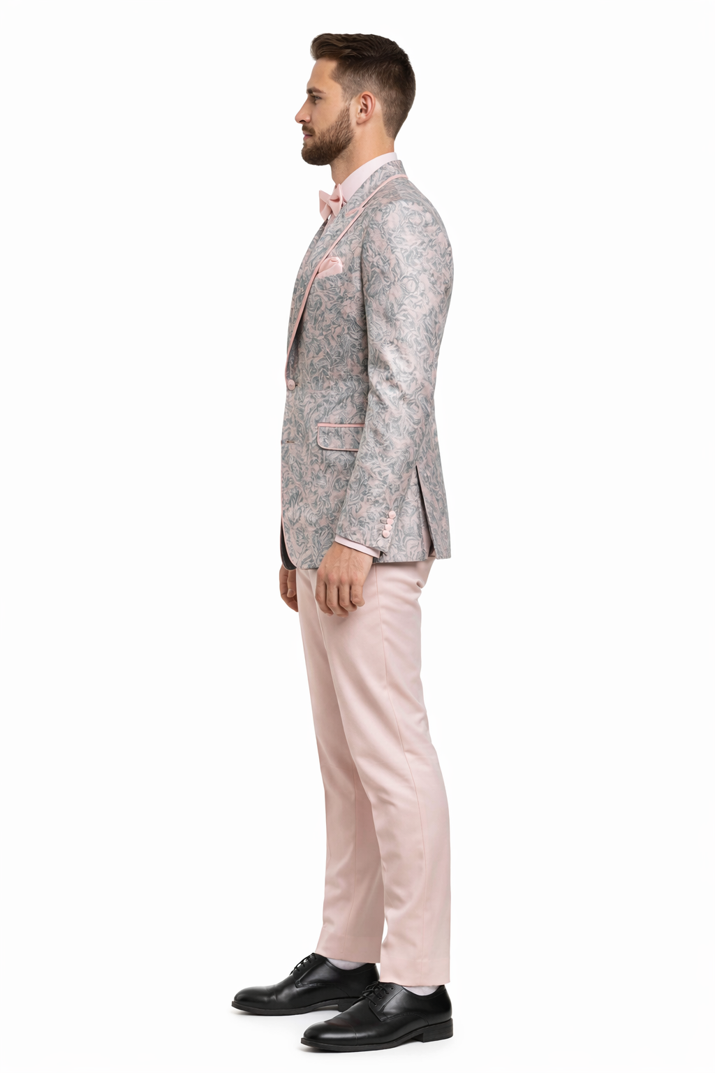 Mens Pink and Grey Floral Tuxedo with Satin Trim - Prom and Wedding Suit with Bow Tie and Flower Pin USA Men's Outlet