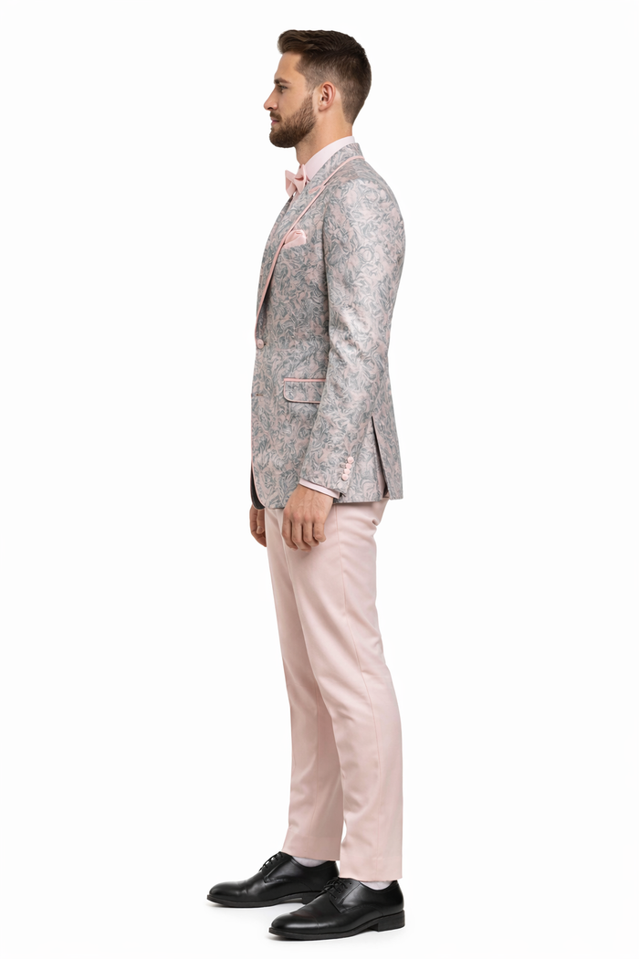 Mens Pink and Grey Floral Tuxedo with Satin Trim - Prom and Wedding Suit with Bow Tie and Flower Pin USA Men's Outlet