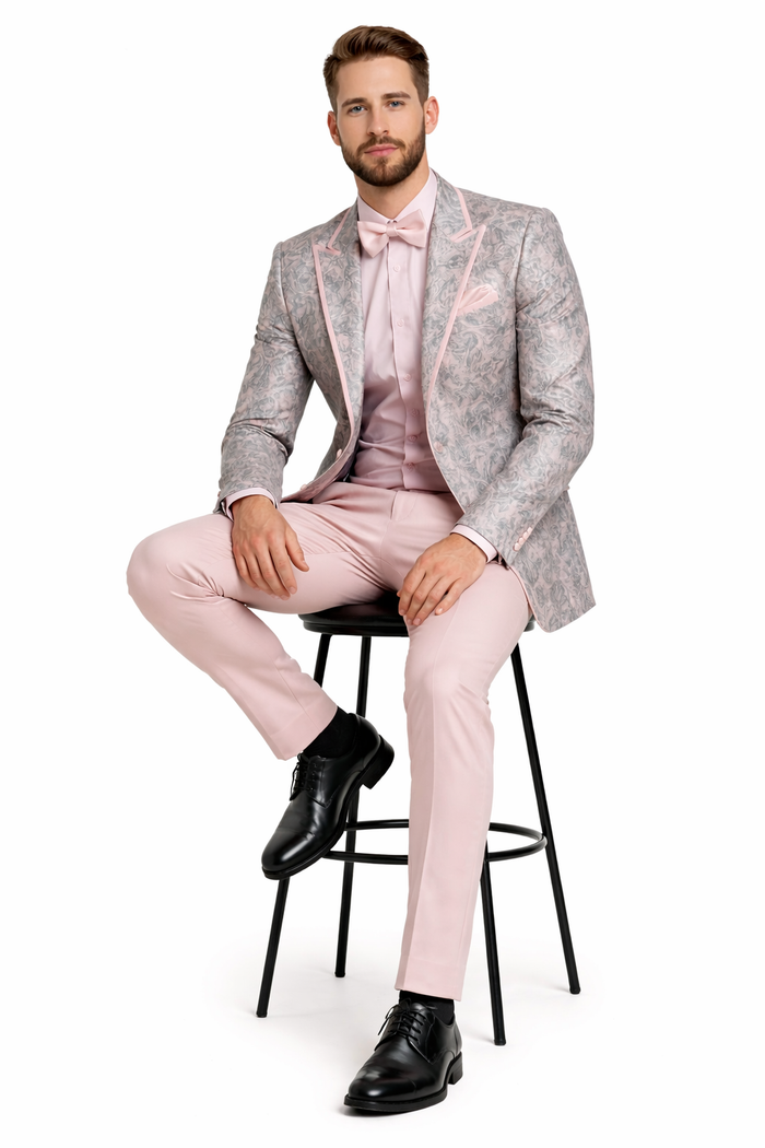 Mens Pink and Grey Floral Tuxedo with Satin Trim - Prom and Wedding Suit with Bow Tie and Flower Pin USA Men's Outlet