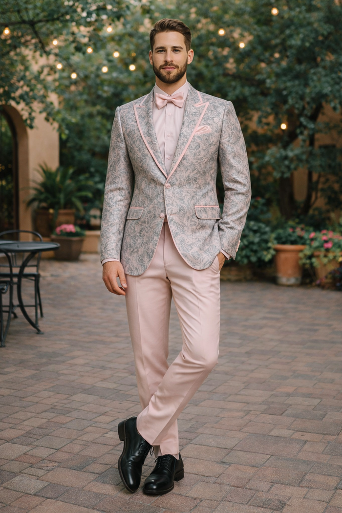 Mens Pink and Grey Floral Tuxedo with Satin Trim - Prom and Wedding Suit with Bow Tie and Flower Pin USA Men's Outlet