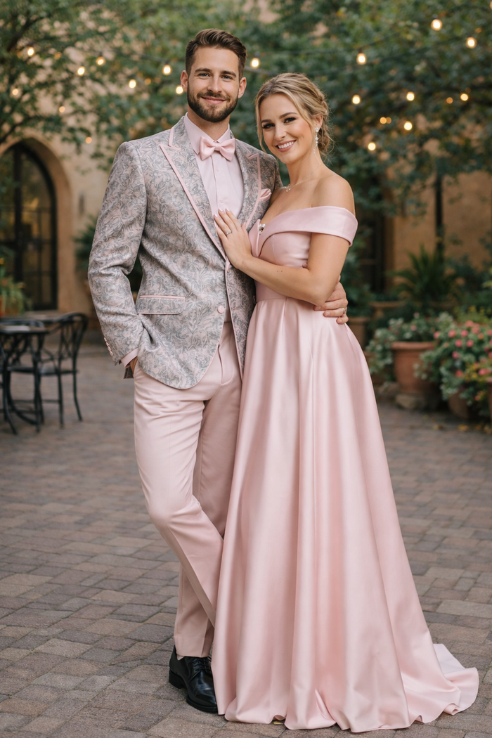 Mens Pink and Grey Floral Tuxedo with Satin Trim - Prom and Wedding Suit with Bow Tie and Flower Pin USA Men's Outlet