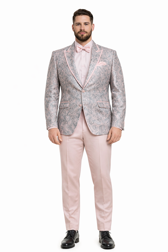 Mens Pink and Grey Floral Tuxedo with Satin Trim - Prom and Wedding Suit with Bow Tie and Flower Pin USA Men's Outlet
