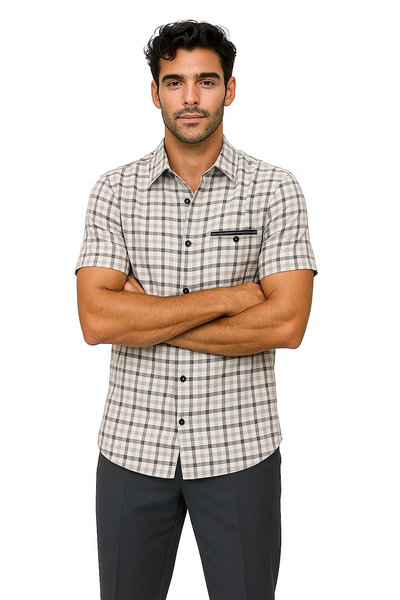 Mens Plaid Walking Suit in grey by Dreams by Zacchi – 2 Piece Leisure Outfit with Matching Shirt and Pants - $99