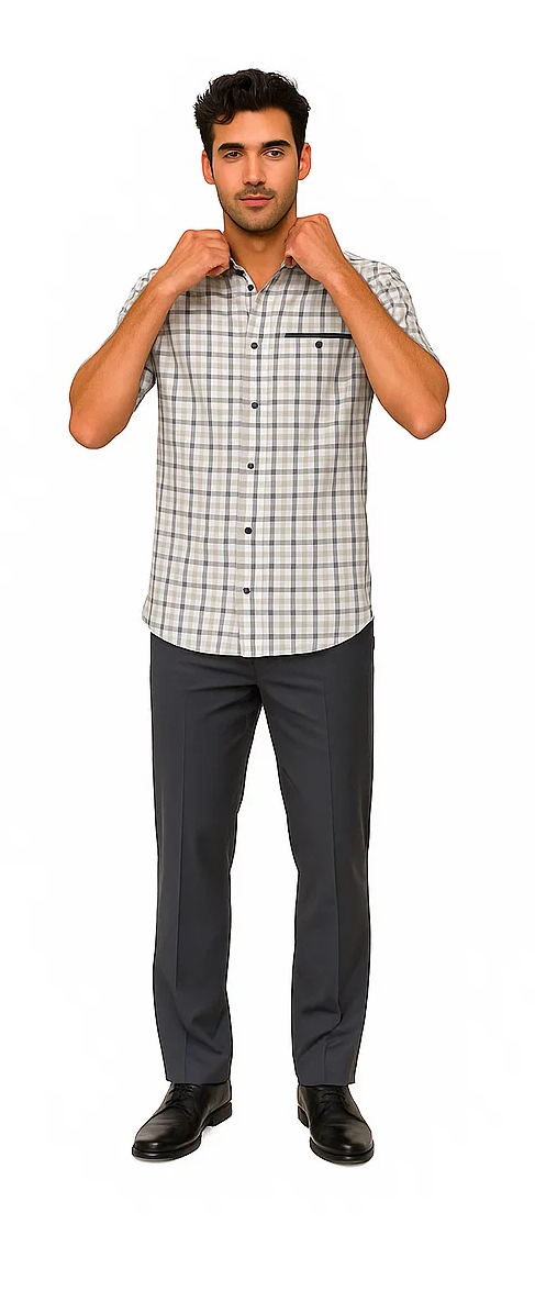 Mens Plaid Walking Suit in grey by Dreams by Zacchi – 2 Piece Leisure Outfit with Matching Shirt and Pants - $99