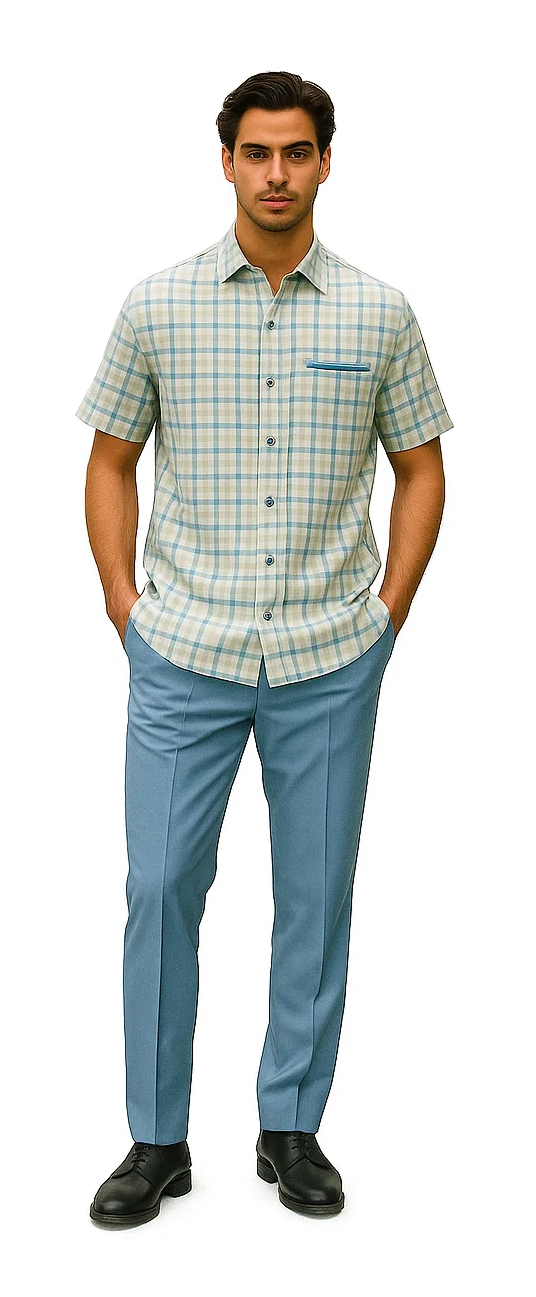 Mens Plaid Walking Suit in Tan by Dreams by Zacchi - 2 Piece Leisure Outfit with Matching Shirt and pant -$99
