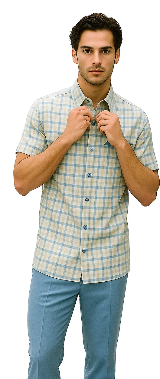 Mens Plaid Walking Suit in Tan by Dreams by Zacchi - 2 Piece Leisure Outfit with Matching Shirt and pant -$99