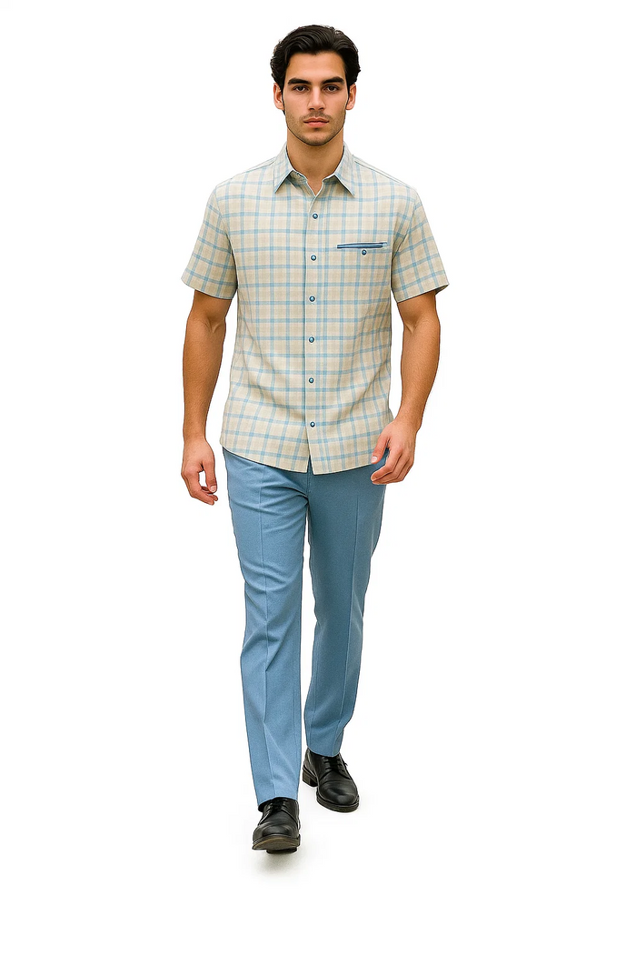 Mens Plaid Walking Suit in Tan by Dreams by Zacchi - 2 Piece Leisure Outfit with Matching Shirt and pant -$99