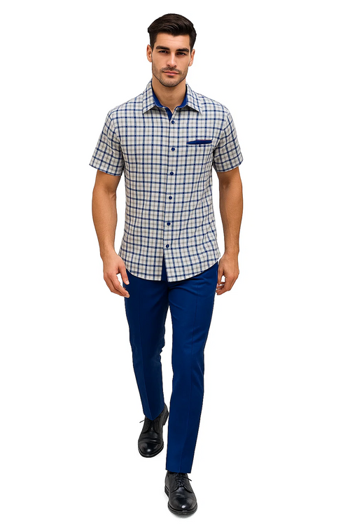 Mens Plaid Walking Suit in Royal by Dreams by Zacchi – 2 Piece Leisure Outfit with Matching Shirt and pant -$99