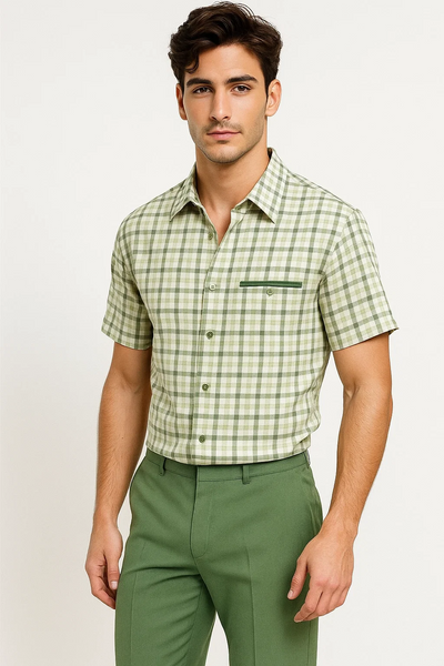 Mens Plaid Walking Suit in Sage by Dreams by Zacchi – 2 Piece Leisure Outfit with Matching shirt and pant - $99
