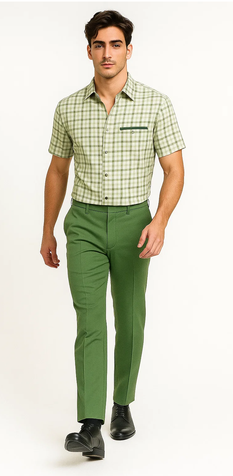 Mens Plaid Walking Suit in Sage by Dreams by Zacchi – 2 Piece Leisure Outfit with Matching shirt and pant - $99