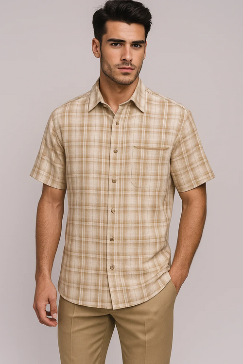 Mens Plaid Walking Suit in Tan by Dreams by Zacchi – 2 Piece Leisure Outfit with Matching Shirt and pant -$99