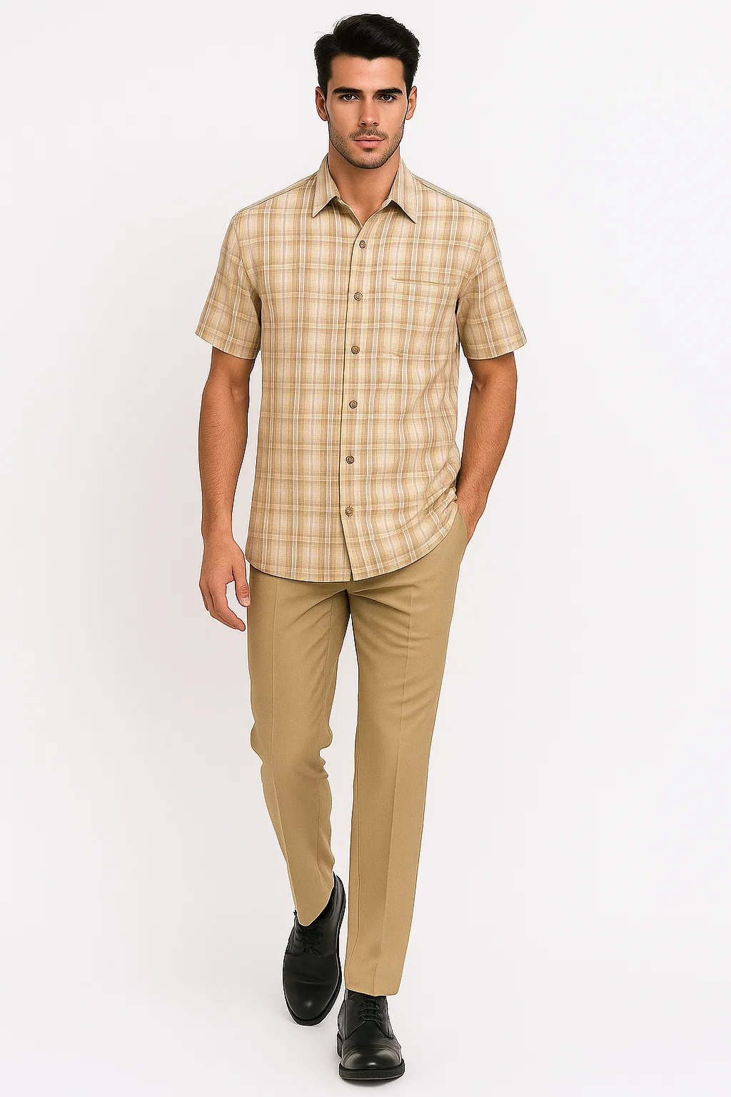 Mens Plaid Walking Suit in Tan by Dreams by Zacchi – 2 Piece Leisure Outfit with Matching Shirt and pant -$99