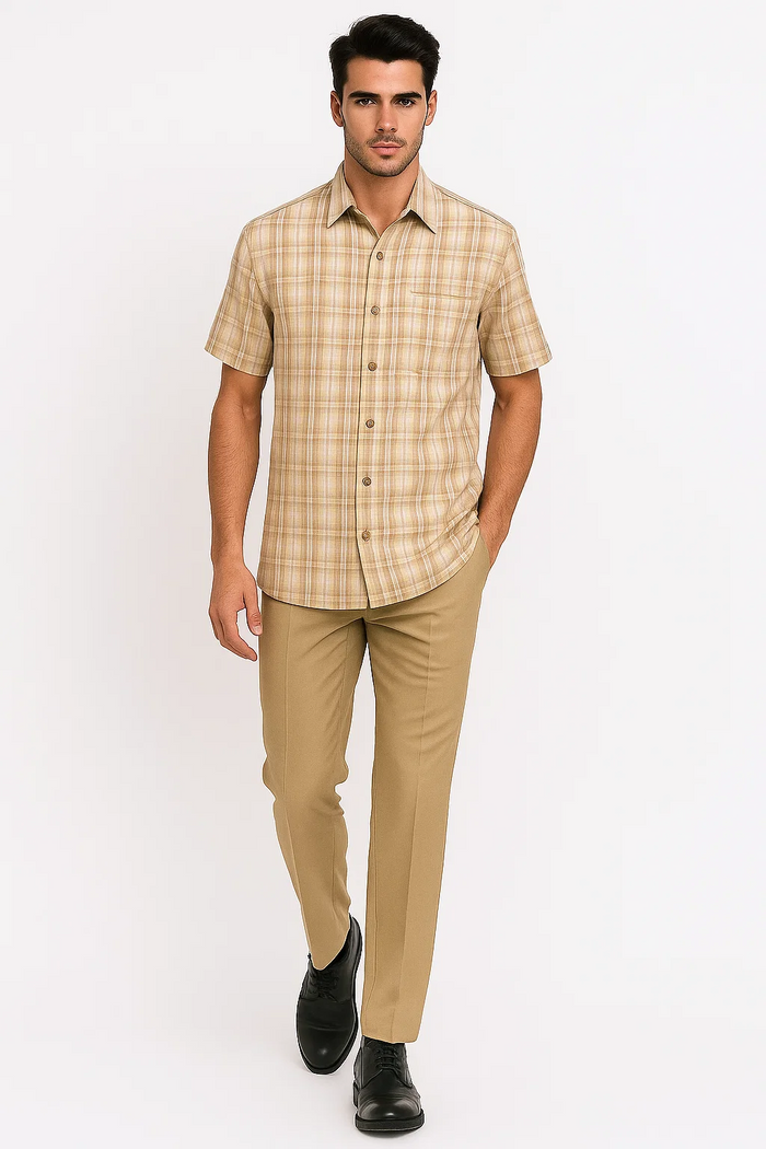 Mens Plaid Walking Suit in sage by Dreams by Zacchi - 2 Piece Leisure Outfit with Matching Shirt and pant - $99