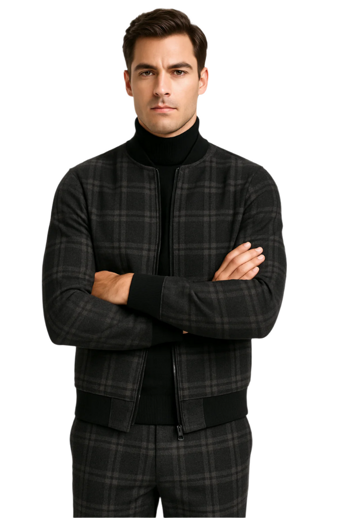 Men's Tazio Track Suit Set: Stylish Black Plaid Jacket & Pant