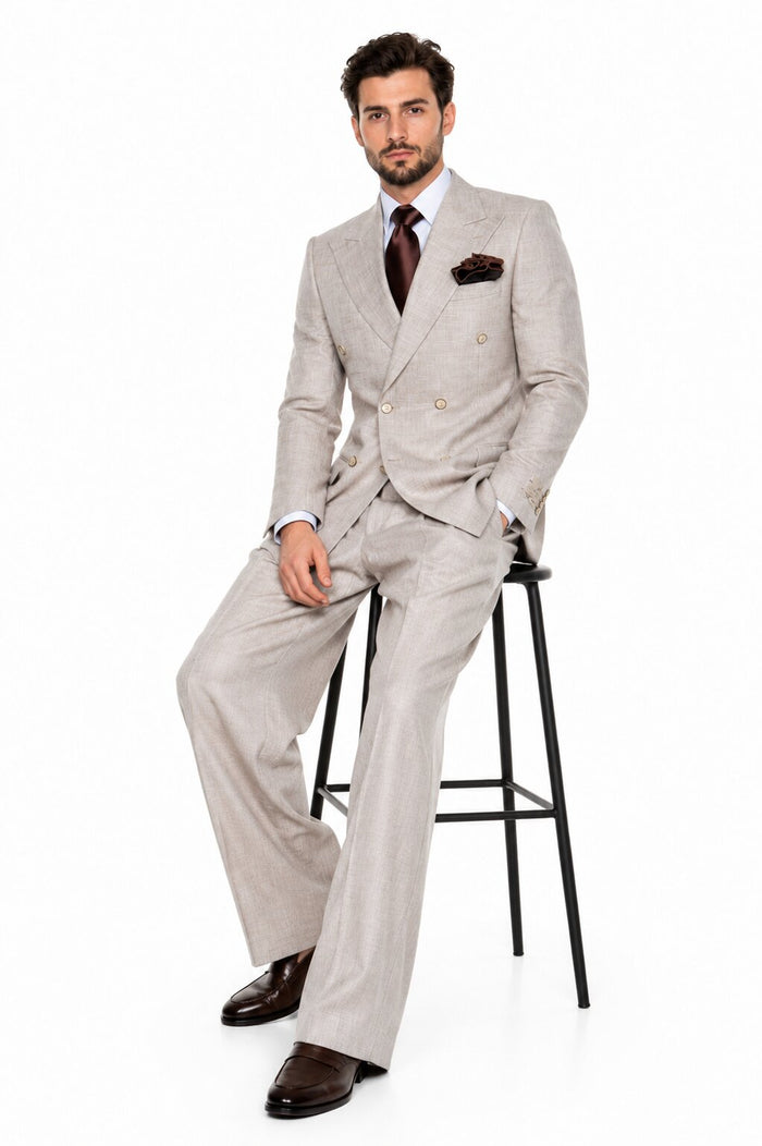 Suits With Baggy Pleated Pants - Wide Leg Pants 100% Wool - Classic Fit in Light Brown Color by Rossiman USA Men's Outlet