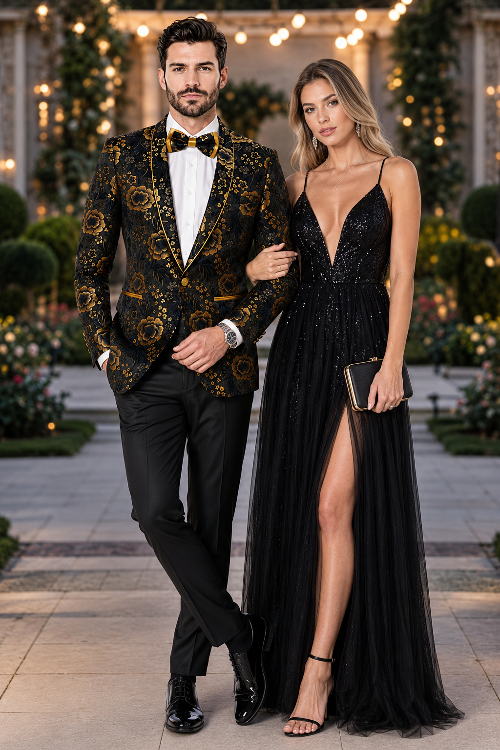 'Exquisite Black & Gold Paisley Prom and Wedding Dinner Jacket for Sophisticated Grooms and Prom Kings'